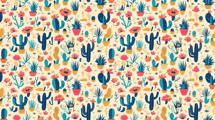 Desert blooms, vibrant cacti and flowers in seamless patterns,