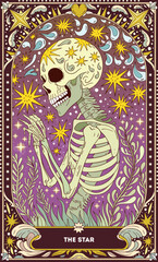 A tarot card in bohemian tones in a modern style in the form of a skeleton. Modern illustration of The Star card, minimalistic cartoon skeleton, simple vector drawing