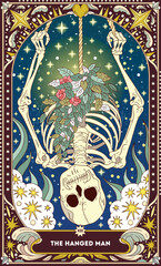 A tarot card in bohemian tones in a modern style in the form of a skeleton. Modern illustration of The Hanged Man card, minimalistic cartoon skeleton, simple vector drawing