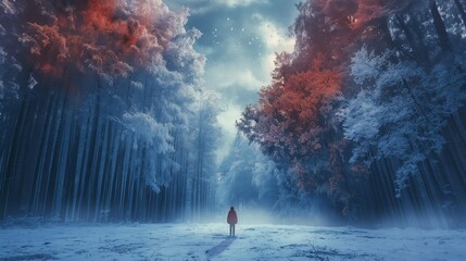 A boy lost in a snowy forest. A small kid amid tall trees - obrazy, fototapety, plakaty