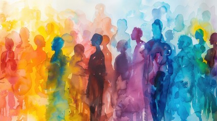 Abstract art watercolor painting showing a diverse group of people coming together.