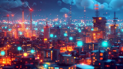 Stylized illustration of a city at night illuminated by vibrant lights powered by various sources of electrical energy - obrazy, fototapety, plakaty