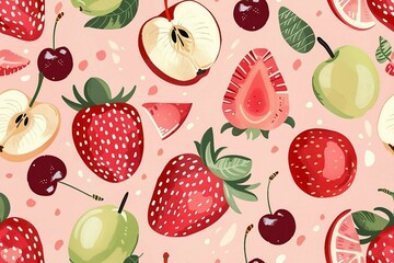 Seamless pattern with strawberries apples and cherrie . boho fruit repeating pattern for nursery decor.
