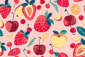 Seamless pattern with strawberries apples and cherrie . boho fruit repeating pattern for nursery decor.
