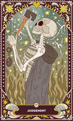A tarot card in bohemian tones in a modern style in the form of a skeleton. Modern illustration of Judgement card, minimalistic cartoon skeleton, simple vector drawing