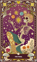 A tarot card in bohemian tones in a modern style in the form of a skeleton. Modern illustration of The Fool card, minimalistic cartoon skeleton, simple vector drawing