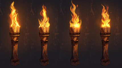 Fototapeta premium Set of Burning fire on old torch isolation, Illustration 