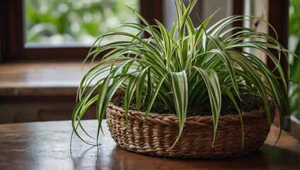 A spider plant, with its cascading foliage, adding a whimsical touch to a woven wicker basket.