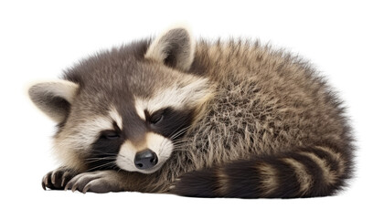 close up of a raccoon sleeping isolated on transparent background cutout