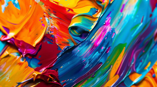 A close-up of a paintbrush on canvas, mid-stroke, with vivid acrylic colors blending,