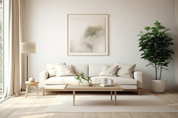 Minimalistic white frame harmonizes with beige and Scandinavian elements, providing a view of a modern living space's simplicity - plain walls, wooden floor, and a potted plant.