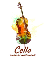 Cello, musical instrument with colored emotional drop and splash in the background. Vector illustration. Art collage on a white background. Design template for music festival, poster, banner