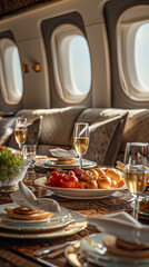 Interior of an executive corporate jet with elegance and luxury including first class food and beverages