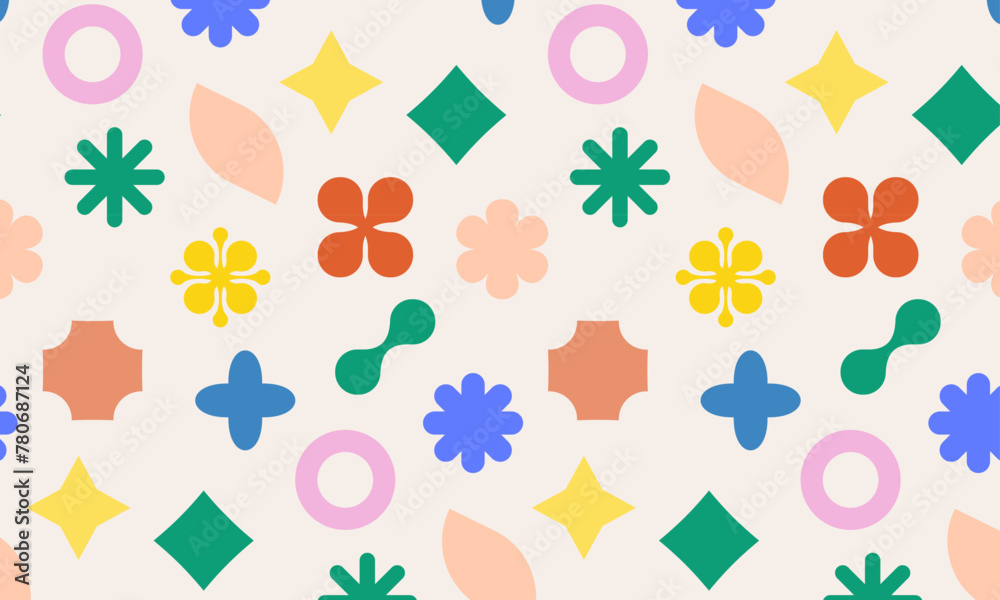 Aufkleber Naive playful abstract shapes seamless pattern. Colorful collage elements in retro brutalist style on pastel color background.  Swiss design aesthetic. Vector illustration 
