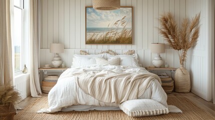 A coastal-inspired bedroom with breezy fabrics and natural textures, featuring a mockup frame hanging above a whitewashed bed adorned with crisp linens and nautical accents, evoking a sense of seaside