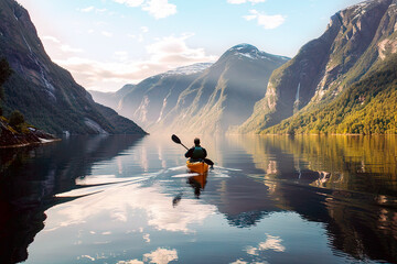 person paddling on large river mountain background - 780687334