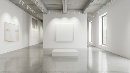 A contemporary art gallery with white walls and track lighting, featuring a mockup frame displayed on a pedestal or hanging from a wire, showcasing an artist's work in a minimalist setting