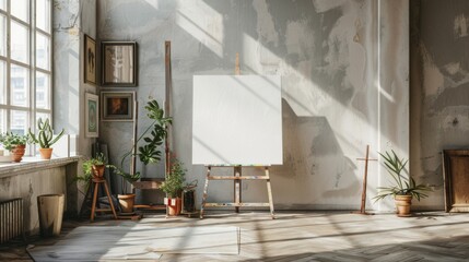 A contemporary art studio with ample natural light and creative energy, featuring a mockup frame propped against an easel or leaning against a wall, showcasing works in progress or inspirational image - obrazy, fototapety, plakaty