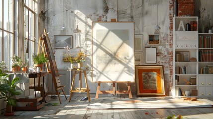 A contemporary art studio with ample natural light and creative energy, featuring a mockup frame propped against an easel or leaning against a wall, showcasing works in progress or inspirational image