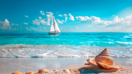 Beautiful sea shell on sandy beach with a yacht in the background - 780687393