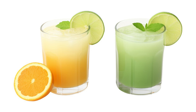 glass of orange and lemonade isolated on transparent background cutout