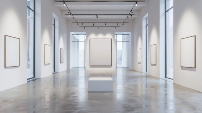 A contemporary art gallery with white walls and track lighting, featuring a mockup frame displayed on a pedestal or hanging from a wire, showcasing an artist's work in a minimalist setting