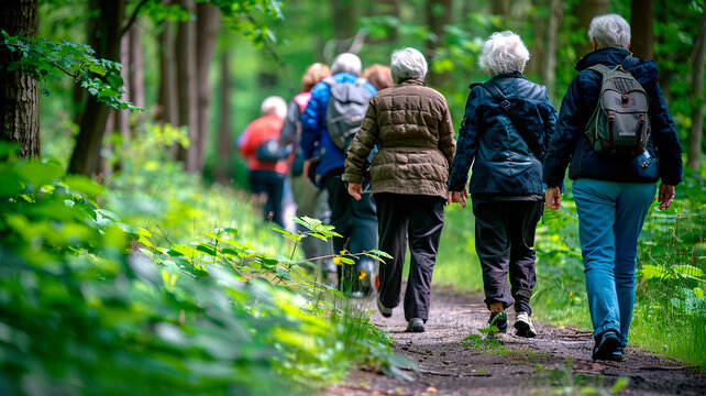 Elderly people strolling in park. Sunny summer day. Active retired seniors walking in green forest