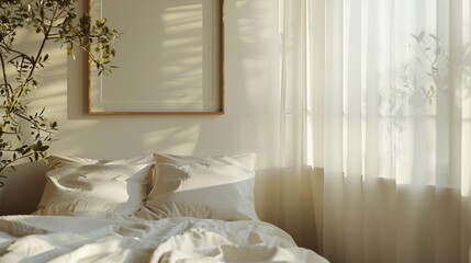 A minimalist bedroom interior with soft, neutral tones and a cozy atmosphere, featuring a mockup frame hanging above a neatly made bed, bathed in gentle sunlight streaming through sheer curtains