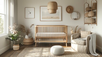 A modern nursery with playful accents and soothing colors, featuring a mockup frame hanging above a crib or changing table, adding a personalized touch to the baby's room