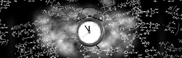 image of a clock with particles coming off it against the background of various mathematical...