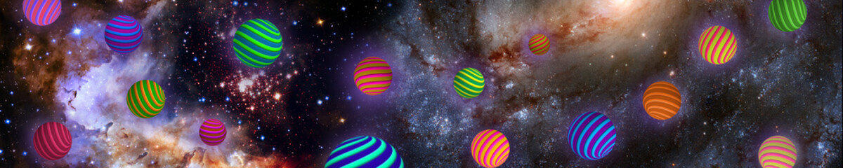 image of many multi-colored balls against the backdrop of a cosmic landscape.