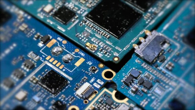 Microchips macro tracking shot, inside of electronic device computer motherboard components, surface of computer chips, cpu, circuit, close up background. 