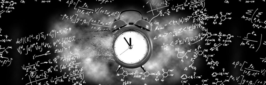 image of a clock with particles coming off it against the background of various mathematical expressions