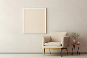 Minimalistic beige chair and blank frame on a soft wall background.