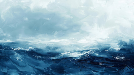 A minimalist depiction of a stormy sea, using only blue tones and white highlights,
