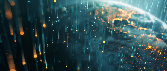 A poetic visualization of satellite signals as digital rain nourishing the information-thirsty globe,