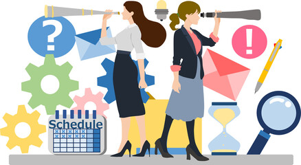 望遠鏡をのぞき込む女性実業家2人のイラスト