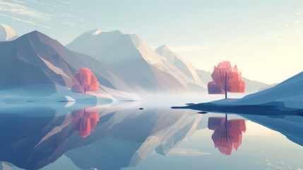 A serene, minimalist landscape distilled to its essence with simple color blocks, - obrazy, fototapety, plakaty