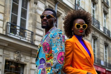 Fototapeta na wymiar African couple in colorful outfits posing in Paris, France. Man in blue suit, woman in orange. Both wear sunglasses, smiling at camera.