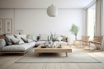 Minimalist Scandinavian design with sofas and table.
