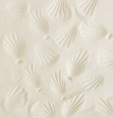 Sandy beach texture with seashells imprint pattern. Aesthetic poster. Summer vacation background. Copy space. neutral color.