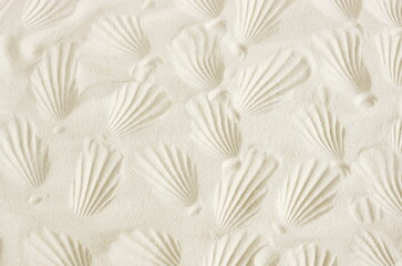 Sandy beach texture with seashells imprint pattern. Aesthetic poster. Summer vacation background. Copy space. neutral color.