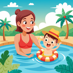 Cheerful mother and her cute little son swimming in the outdoor pool during summer vacation
