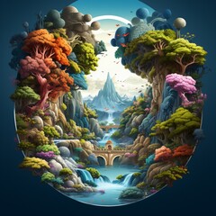 Obraz na płótnie Canvas surreal fantasy illustration, abstract organic landscape with floating islands and a large portal to another world