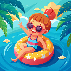 Cute little girl in colorful swimsuit and sunglasses resting on an inflatable toy ring floating in the pool - obrazy, fototapety, plakaty