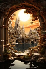 surreal fantasy illustration, abstract organic landscape with floating islands and a large portal to another world - obrazy, fototapety, plakaty