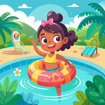 Cute little girl in colorful swimsuit and sunglasses resting on an inflatable toy ring floating in the pool