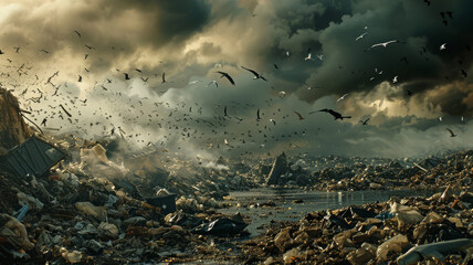 Abstract image of a world strangled by waste, with dark mounds of trash overwhelming land and sea,