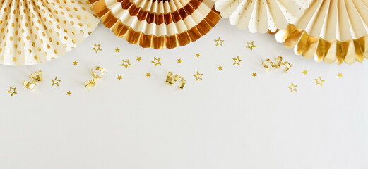Birthday background banner template mock up  top view with colden fan paper decor and gold stars...