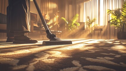 A carpet cleaning professional using an empty vacuum cleaner to clean the floor in front of him